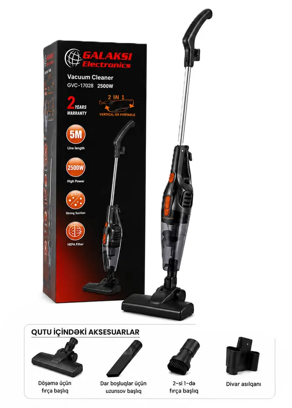 Vertikal tozsoran Galaksi Electronics GVC-17028, Simli, Quru, 2500 Vt, Şəbəkə 220V — tozsoranlar