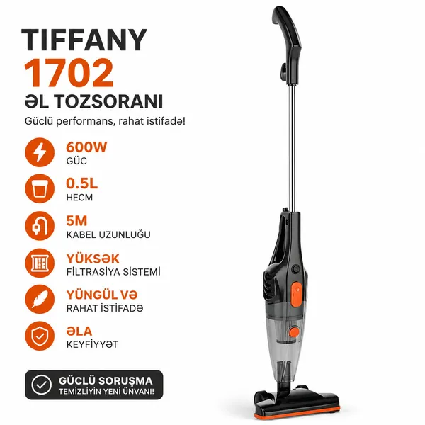 Vertikal tozsoran TIFFANY 1702, Simli, Quru, 600 Vt, Şəbəkə 220V — tozsoranlar
