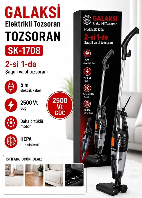Vertikal tozsoran Galaksi Electronics GVC-7108, simli, quru, 2500 Vt, qara — tozsoranlar