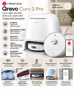 Roborock Qrevo Curv 2 Pro, Konteyner, Döşəmə təmizlənməsi üçün, Nəm, Quru, 25000 Pa Pro