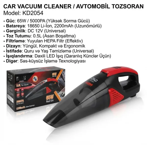 Portativ tozsoran Hausberg KD2054, 500 ml, 65 Vt, qara/qırmızı — пылесосы