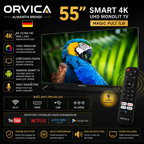 Orvica 55 düym 4K HDR Android TV — televizorlar