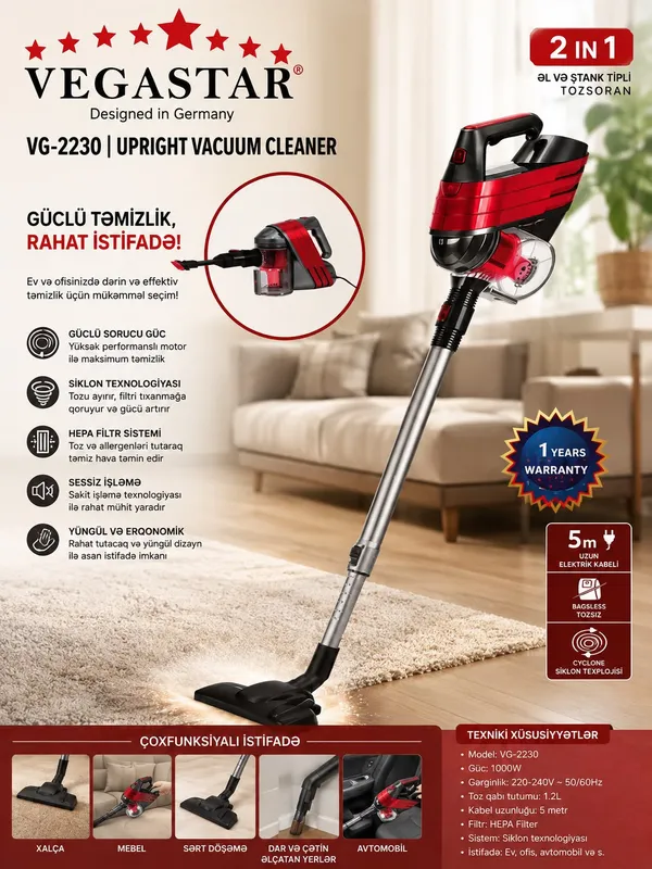 Vertikal tozsoran VegaStar VG-2230 1000 W — tozsoranlar