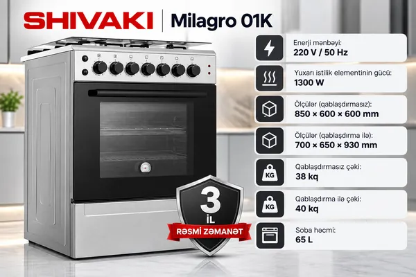 Qaz sobası Shivaki 01K Milagro, Qaz/Elektrik, 3 konforlu, Boz, A — sobalar və plitələr