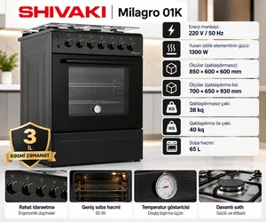 Qaz sobası Shivaki 01K Milagro, Elektrik/Qaz, 3 konfor, Qara, Enerji sərfiyyatı sinfi A