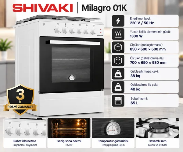 Qaz sobası Shivaki 01K Milagro elektrik/qaz 3 konfor enerji sinfi A ağ — sobalar və plitələr