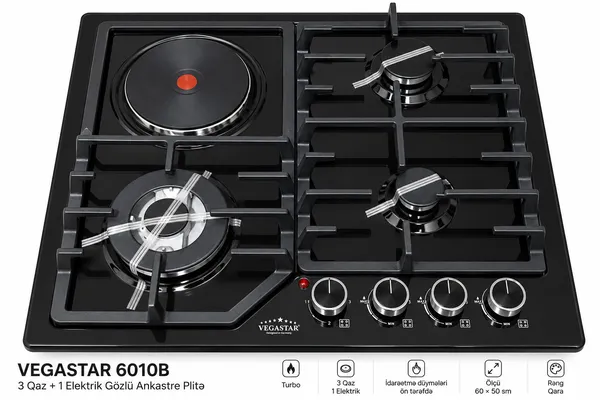 Qaz bişirmə paneli VegaStar 6010B Turbo 3 mexaniki 4 konforlu 60 sm — bişirmə panelləri