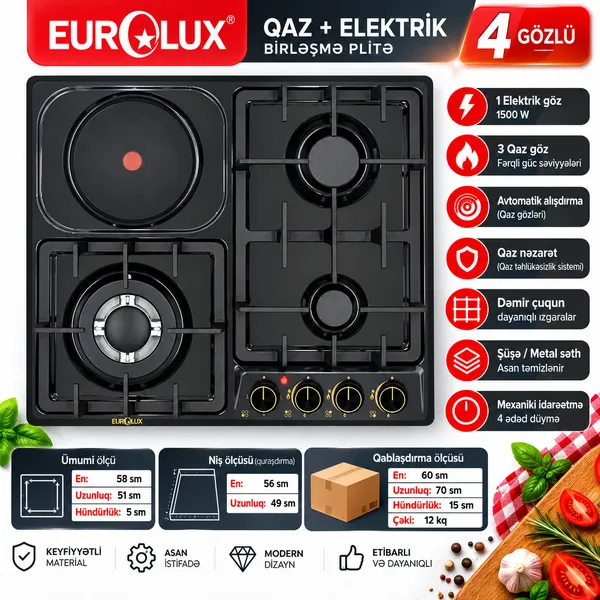 Bişirmə paneli Eurolux EU-GH3671GSBN, Kombinə olunmuş, Mexaniki, 4 konfor, 56 sm — bişirmə panelləri