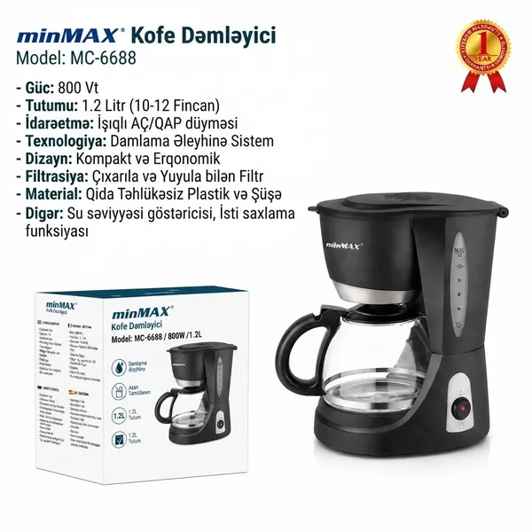 Damcılı qəhvəbişirən MinMax MC-6688 800 W 1.2 l qara — qəhvə maşınları