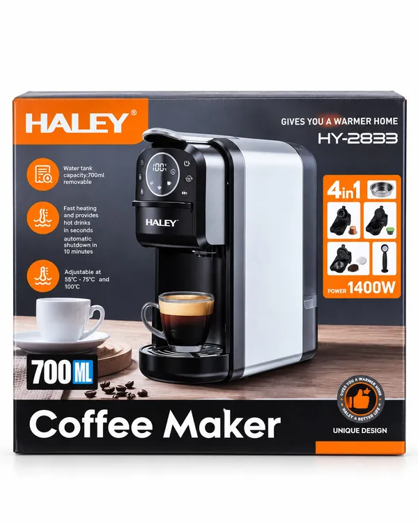 Qəhvə maşını Haley, Kapsullu, 1400 Vt, 0.7 l, Gümüşü, Qara — кофемашины