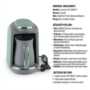 Qəhvəbişirən Lexical LCP-0530-7 türk sayağı 600 W 1.2 l boz-yaşıl