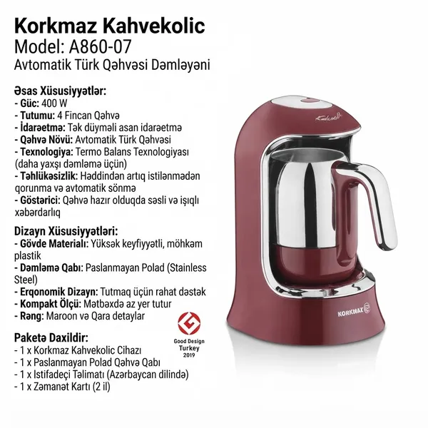 Qəhvəbişirici Korkmaz Kahvekolic A860-07, türk sayağı qəhvə, 400 Vt, 1.2 l, gümüşü/tünd qırmızı — qəhvə maşınları