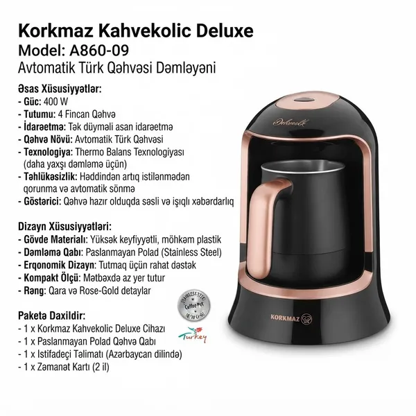 Qəhvə maşını Korkmaz Kahvekolic Deluxe A860-09, türk sayağı qəhvə, 400 Vt, 1.2 l, qara/bej — qəhvə maşınları