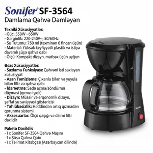 Qəhvəbişirici Sonifer SF-3564, damcılı, 650 Vt, 0.75 l, qara