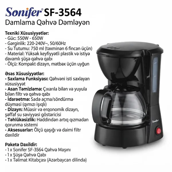 Qəhvəbişirici Sonifer SF-3564, damcılı, 650 Vt, 0.75 l, qara — qəhvə maşınları