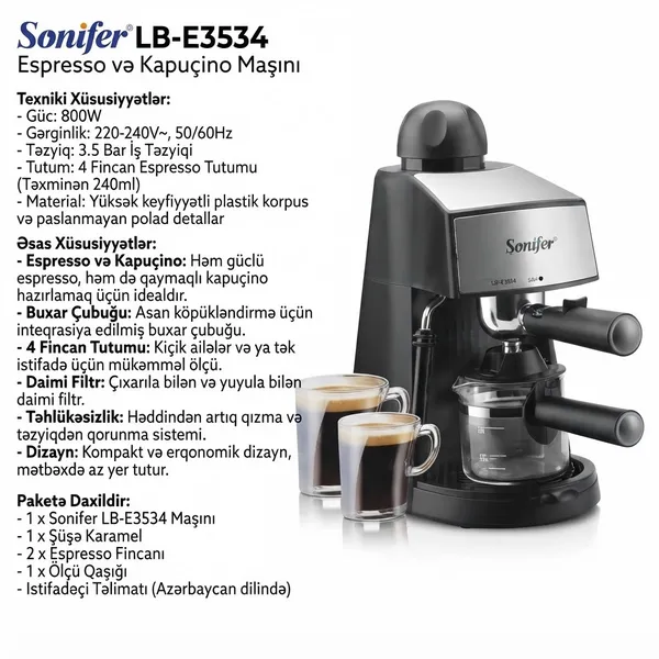 Qəhvə maşını Sonifer LB-E3534, espresso, borulu, 800 Vt, 0.96 l, qara/gümüşü — qəhvə maşınları