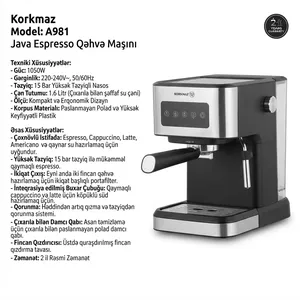 Qəhvə maşını Korkmaz A981 Java, espresso, qarışıq, 1050 Vt, 1.6 L, qara/gümüşü