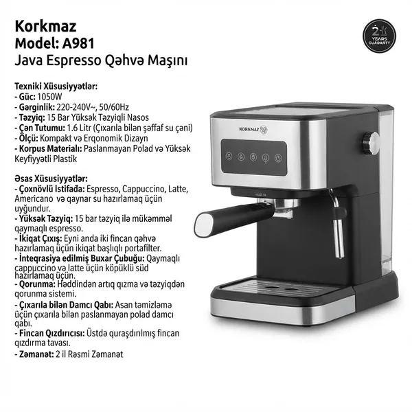 Qəhvə maşını Korkmaz A981 Java, espresso, qarışıq, 1050 Vt, 1.6 L, qara/gümüşü — qəhvə maşınları