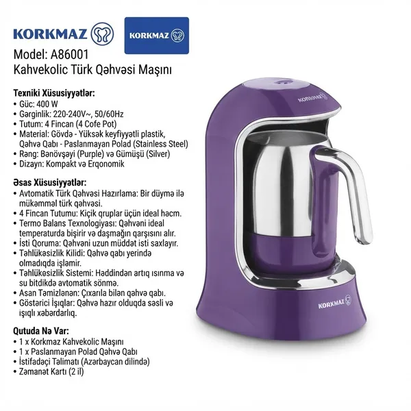 Qəhvəbişirən Korkmaz A86001 Kahvekolic türk sayağı 400 W 1.2 l bənövşəyi-gümüşü — qəhvə maşınları