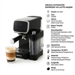 Qəhvəbişirən Orvica, Espresso, 1450 Vt, 1.8 L, Qara, Gümüşü