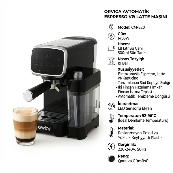 Qəhvəbişirən Orvica, Espresso, 1450 Vt, 1.8 L, Qara, Gümüşü — qəhvə maşınları