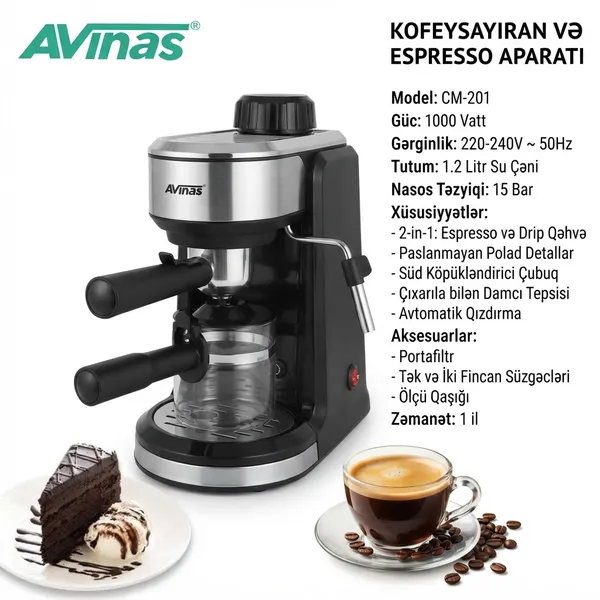 Qəhvəbişirən Avinas avtomatik espresso 1000 W 1.2 l qara-gümüşü — кофемашины