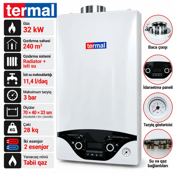 Qaz kombisi Termal 32Kv 2 Esenjorlu AV-A562546 32 kW iki konturlu ağ-qara — газовые котлы