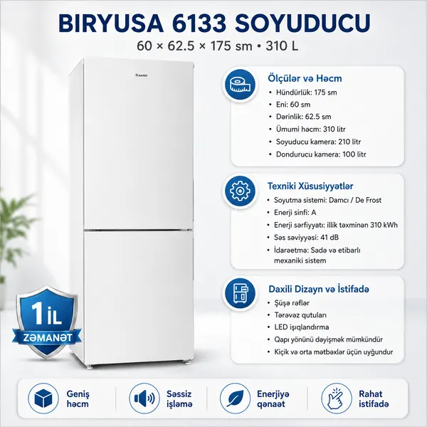 Biryusa 6133 AG 210/100 l 60×62.5×175 sm — soyuducular