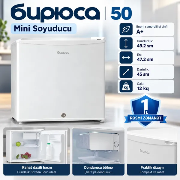 Biryusa, 50, Birkameralı, Ağ, 43 L, A+ — soyuducular