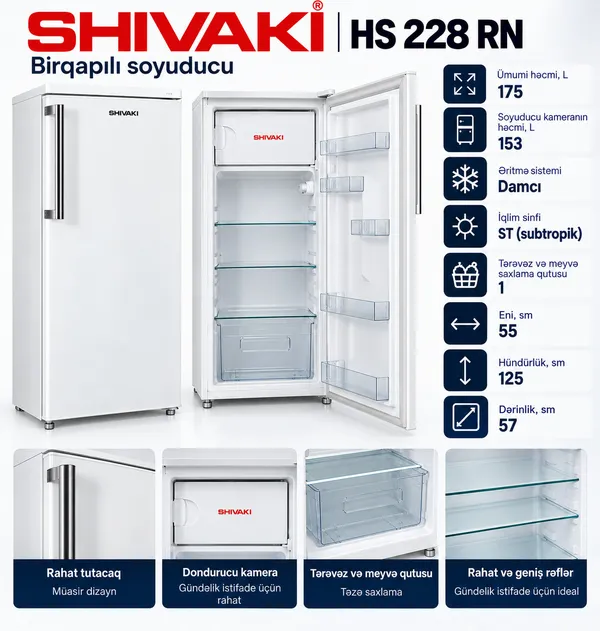 Shivaki, Birкameralı, Ağ, 175 L, A — soyuducular