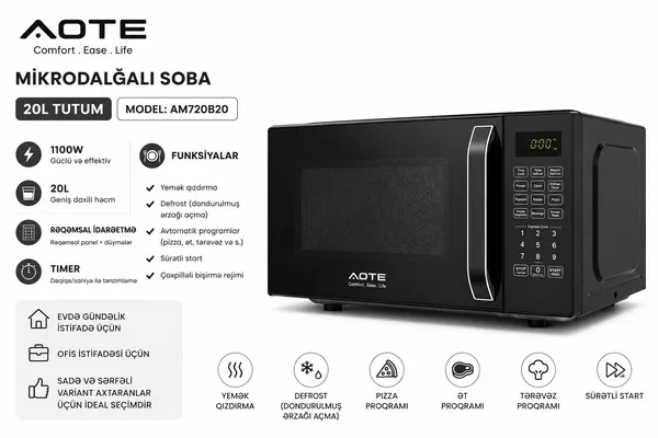 Mikrodalğalı soba Aote AM720B20, 20 L, 1100 Vt, Mikrodalğalar, Qara — микроволновые печи