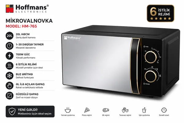 Mikrodalğalı soba Hoffmanns HM-765, 20 L, 700 Vt, Mikrodalğalar, Qara — микроволновые печи