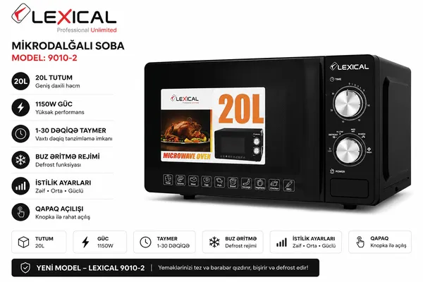 Mikrodalğalı soba Lexical 9010-2, 20 L, 1150 Vt, Mikrodalğalar, Qara — mikrodalğalı sobalar