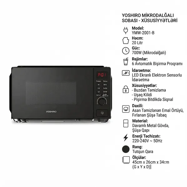 Mikrodalğalı soba Yoshiro YMW-2001-B, 20 l, 700W — микроволновые печи