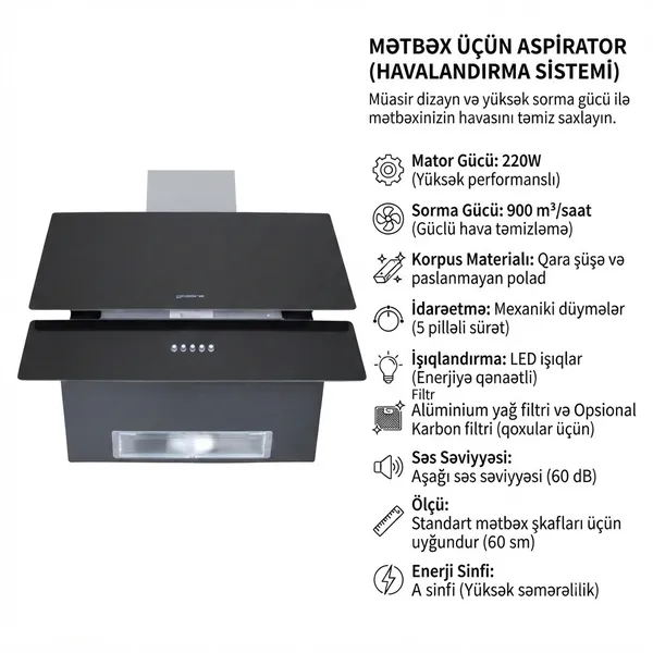 Divar aspiratoru BergHoff, 900 kub. m/ saat, Qara, Düyməli — вытяжки