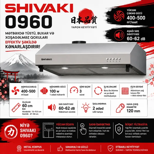 Aspirator Shivaki 0960, 500 kub. m/ saat, gümüşü — вытяжки
