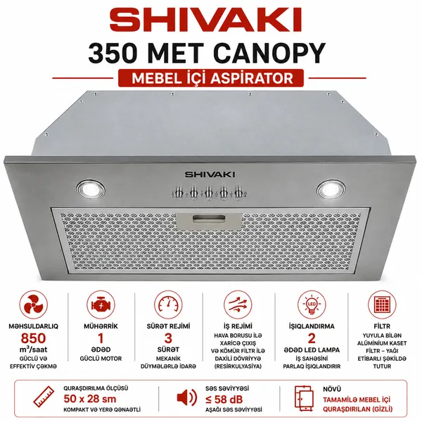 Aspirator Shivaki 350, 850 kub. m/ saat, gümüşü — вытяжки
