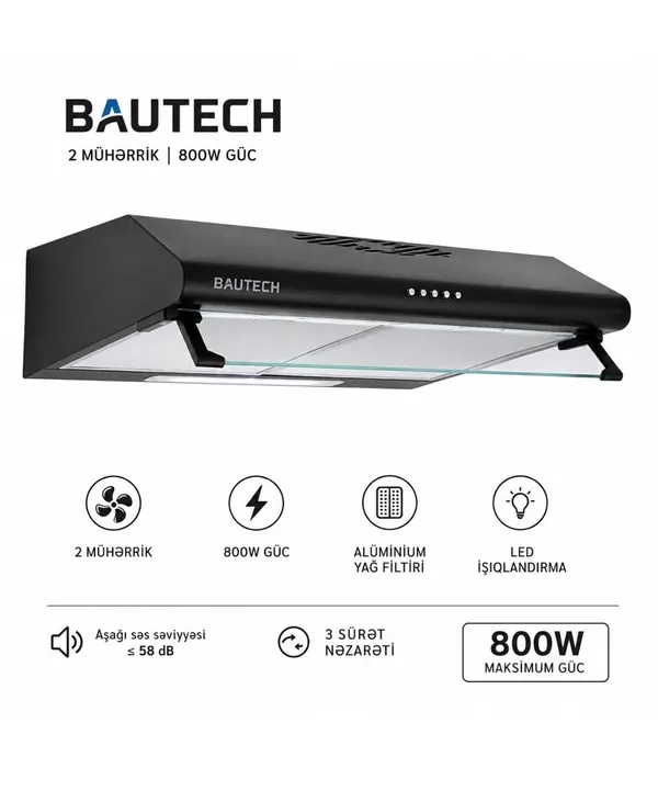 Aspirator Bautech asma 800 m³/saat düyməli qara — вытяжки