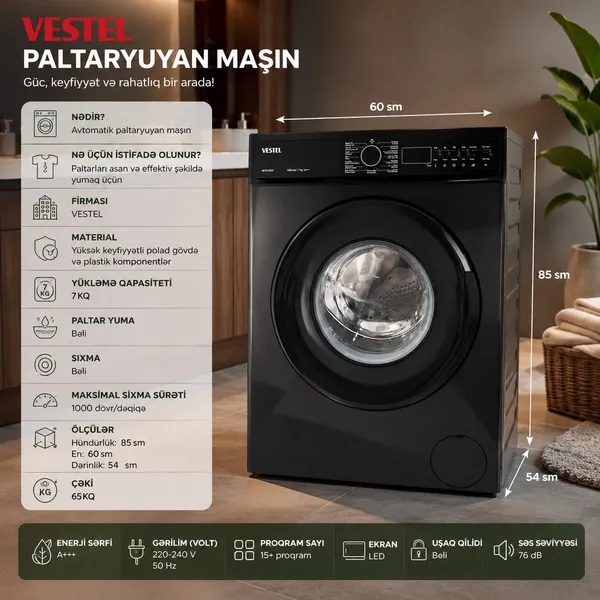Vestel MU_1375 8 kq 1000 dövr/dəq qara — paltaryuyan maşınlar