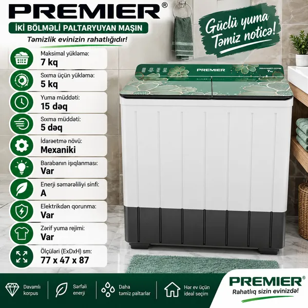 Premier WM7-CCP, ağ, 7 kq, 500 dövr/dəq — paltaryuyan maşınlar