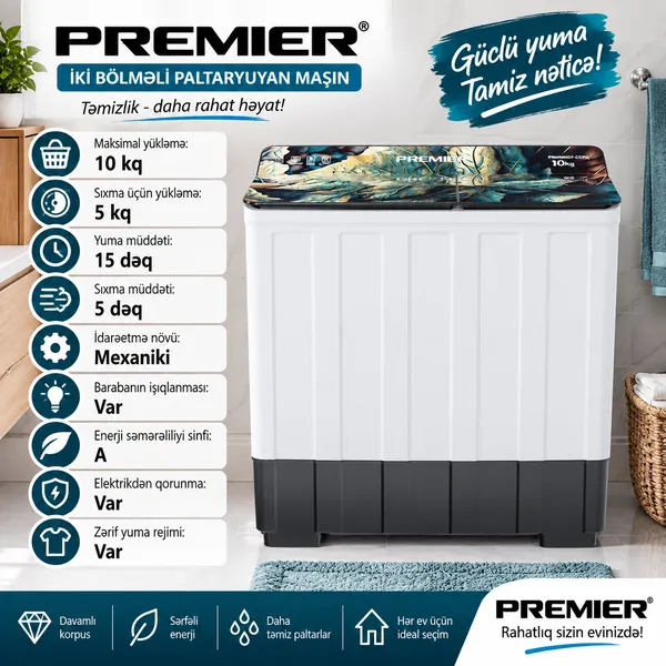Premier WM10-CCP, ağ, 10 kq, 500 dövr/dəq — paltaryuyan maşınlar