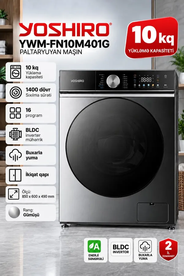 Yoshiro, YWM-FN10M401G-MYCM147159, Gümüşü, 10 kq, 1400 dövr/dəq — paltaryuyan maşınlar