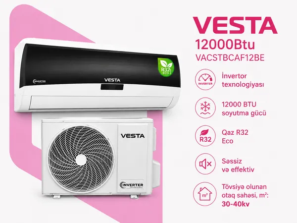 Vesta VACSTBCAF12BE_İE Split-sistem 12000 BTU/saat İnverter Ağ, Qara — кондиционеры