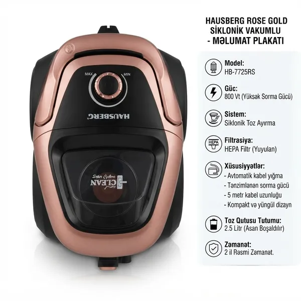 Hausberg HB-7725RS, 800 Vt, Quru, Siklon filtri, 2.5 L — tozsoranlar