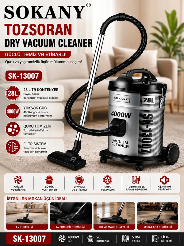 Sokany SK-13007 4000 W quru 3.5 l konteynerli — tozsoranlar