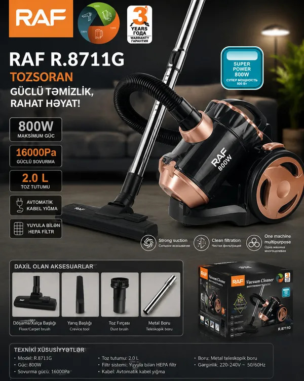 RAF R.8711G 800 W quru torbalı 2 l — tozsoranlar