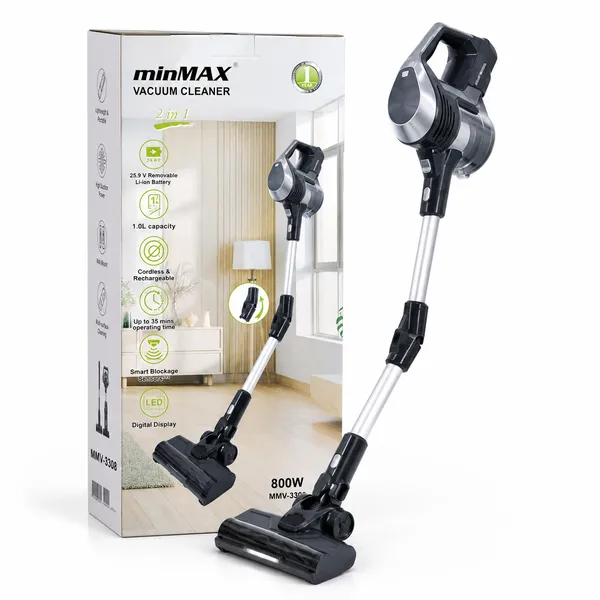 Vertikal tozsoran MinMax MMV-3308 2-in-1, simsiz, nəm/quru, 800 Vt, qara/gümüşü — tozsoranlar