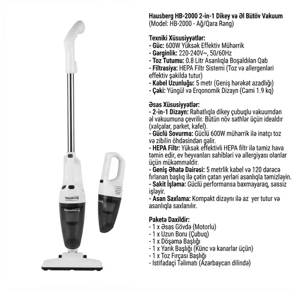 Vertikal tozsoran Hausberg HB-2000 simsiz quru 800 ml ağ-qara — tozsoranlar