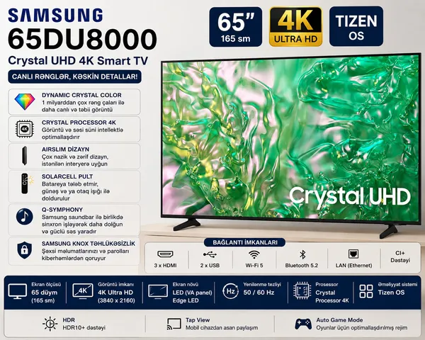 Samsung 65DU8000, LCD (LED), 65 düym, 4K+HDR, Smart TV dəstəklənməsi — televizorlar
