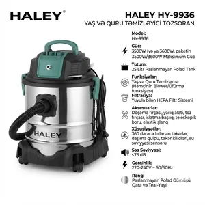 Sənaye tozsoranı Haley HY-9936, Quru/Nəm, 25 L, Gümüşü/Qara/Yaşıl, 3600 Vt